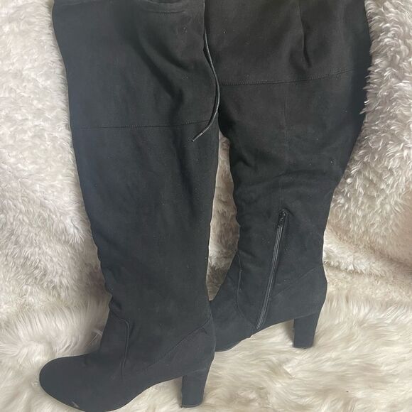 Ashley Stuart Fabric suede Black over the knee wide calf block heels boots SZ12W - Picture 3 of 9